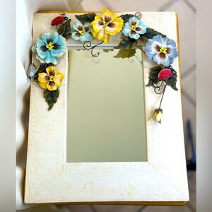 Floral Wall Mirror with Colorful Accent Flowers & Ladybugs